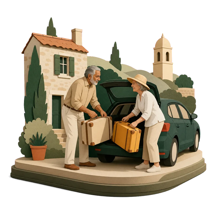 A retired couple load suitcases into a small car by a stone farmhouse, for getting to France and home