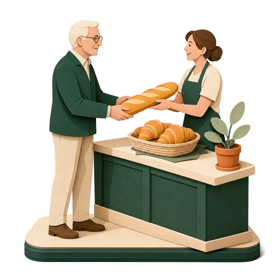 A retired man takes a baguette from the baker at a bakery counter, for what a month costs in France