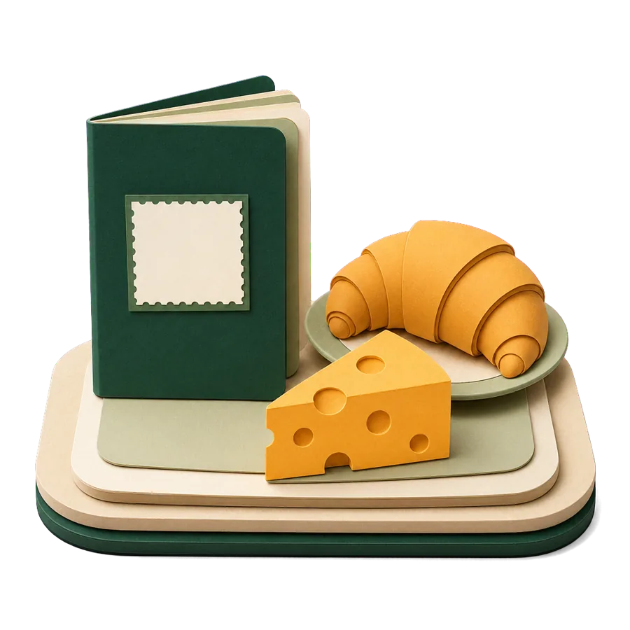 A generic passport with a blank stamp beside a croissant and a wedge of cheese, for France visas