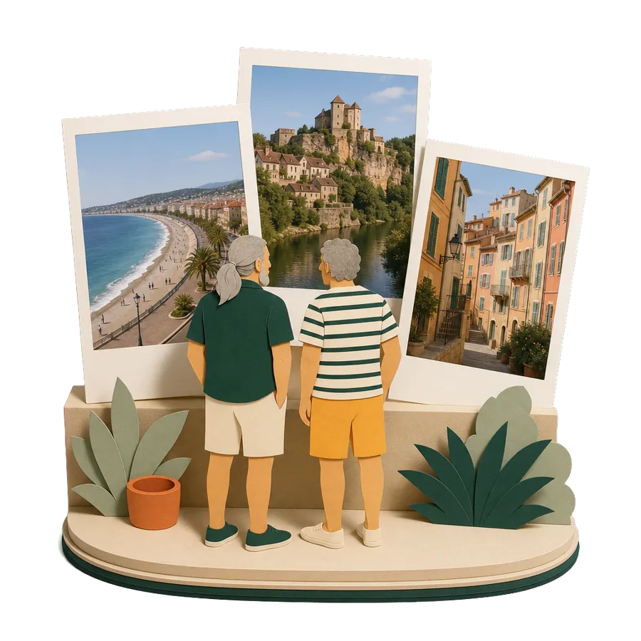 Retirees in France look at photos of the Nice seafront, a Dordogne castle village and old Nice