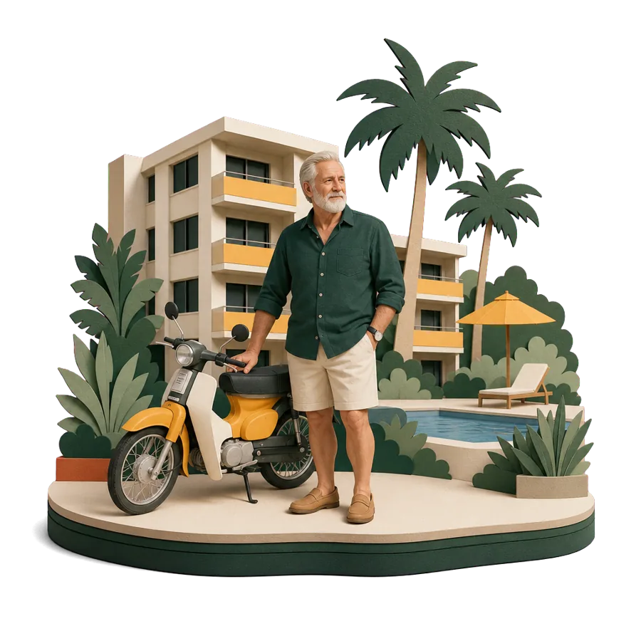 A retired man stands by a motorbike outside a condo block with a pool and palms, for life on a pension in Thailand