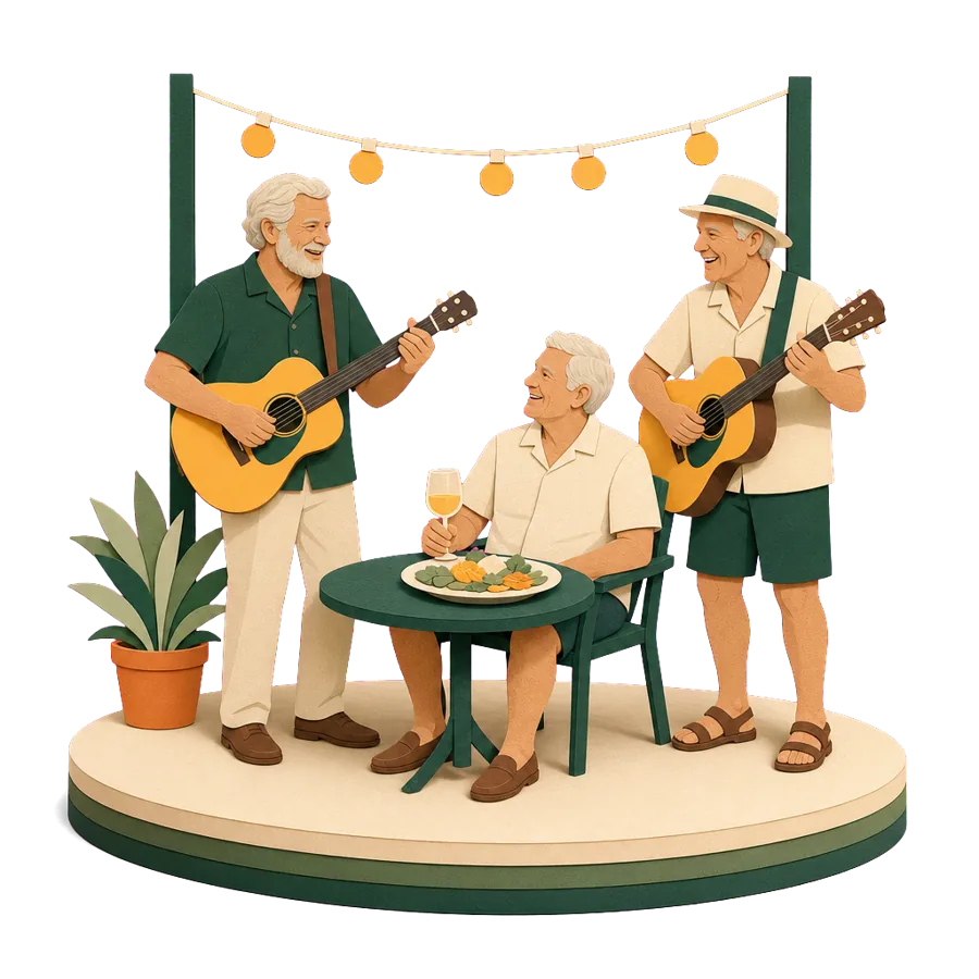 A retired man enjoys dinner and live guitar music outdoors, for a night out on a pension in Thailand