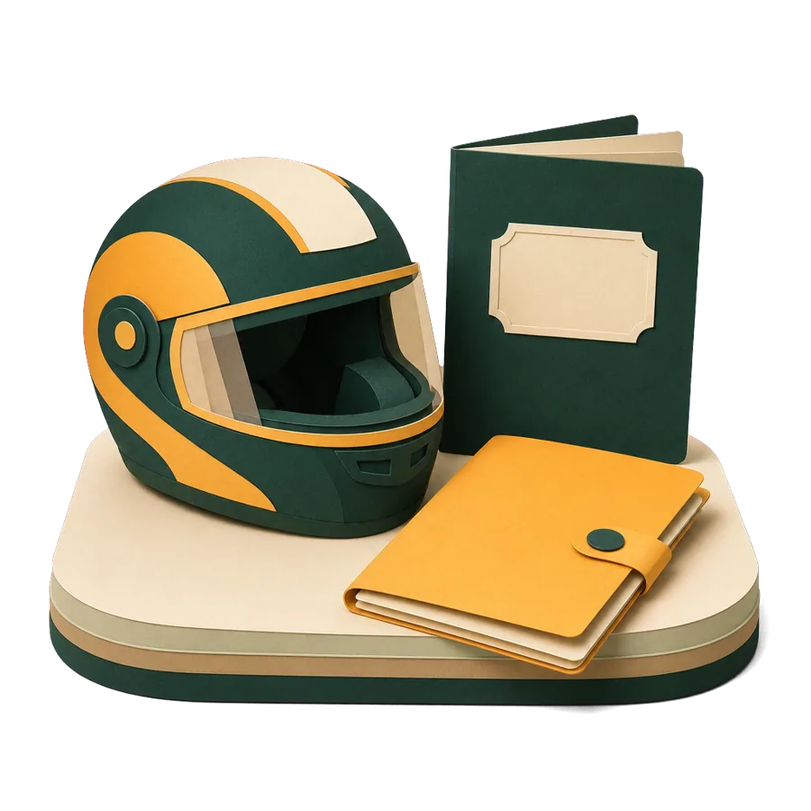 A helmet, a passport with a blank stamp and an insurance folder, for visas, insurance and roads in Thailand