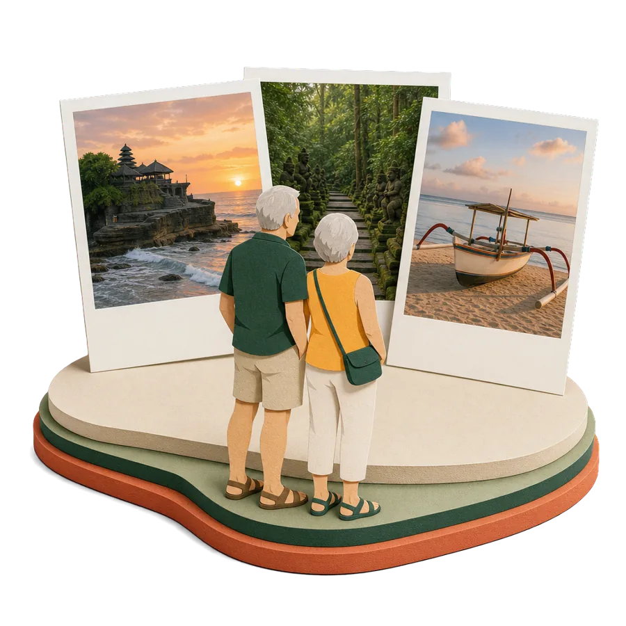 A couple in their late 60s looking at photos of Bali, fitting a winter away around grandchildren in Australia