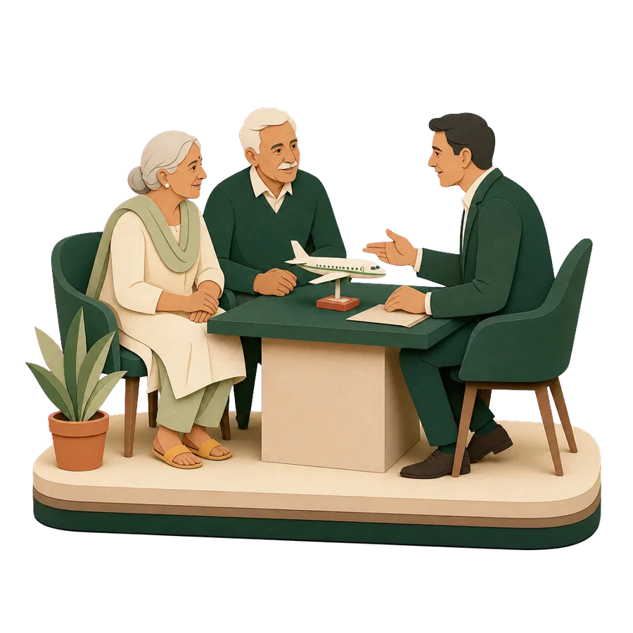 A couple in their late 60s asking an insurance broker about a flight home, with grandchildren in Australia