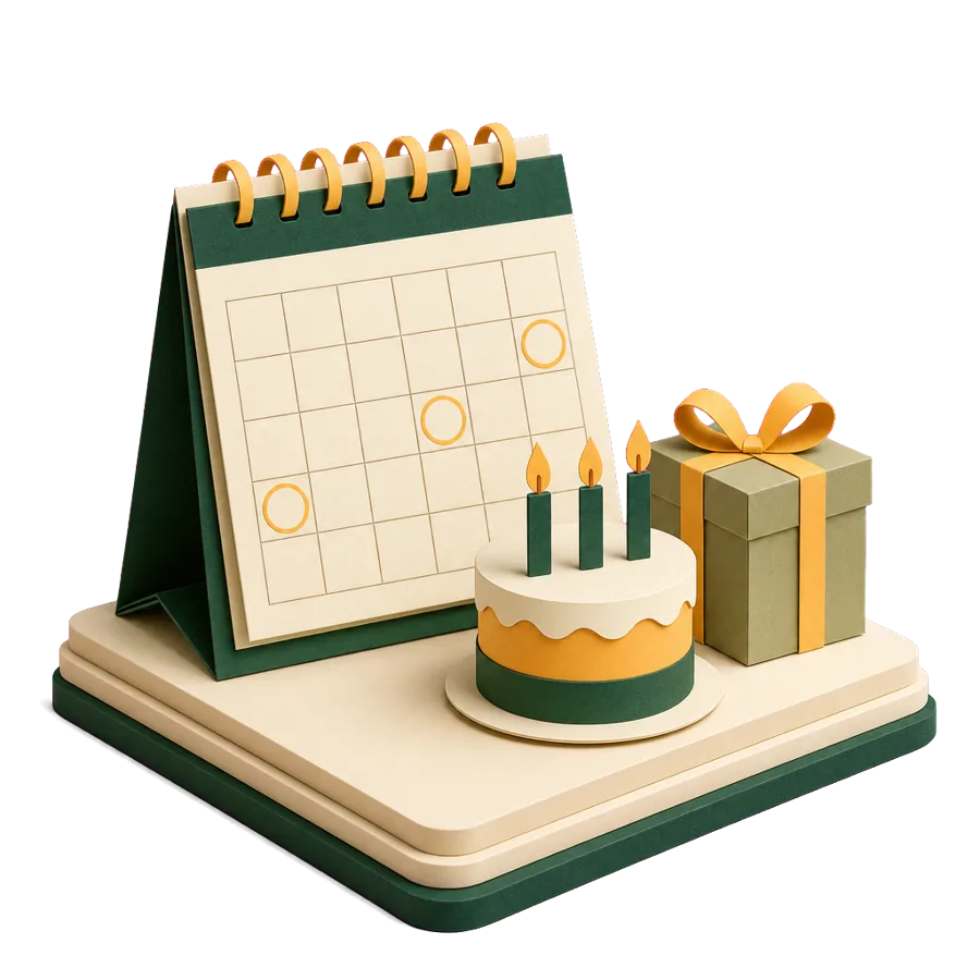 A calendar with dates ringed beside a cake and a present, planning time overseas around grandchildren in Australia