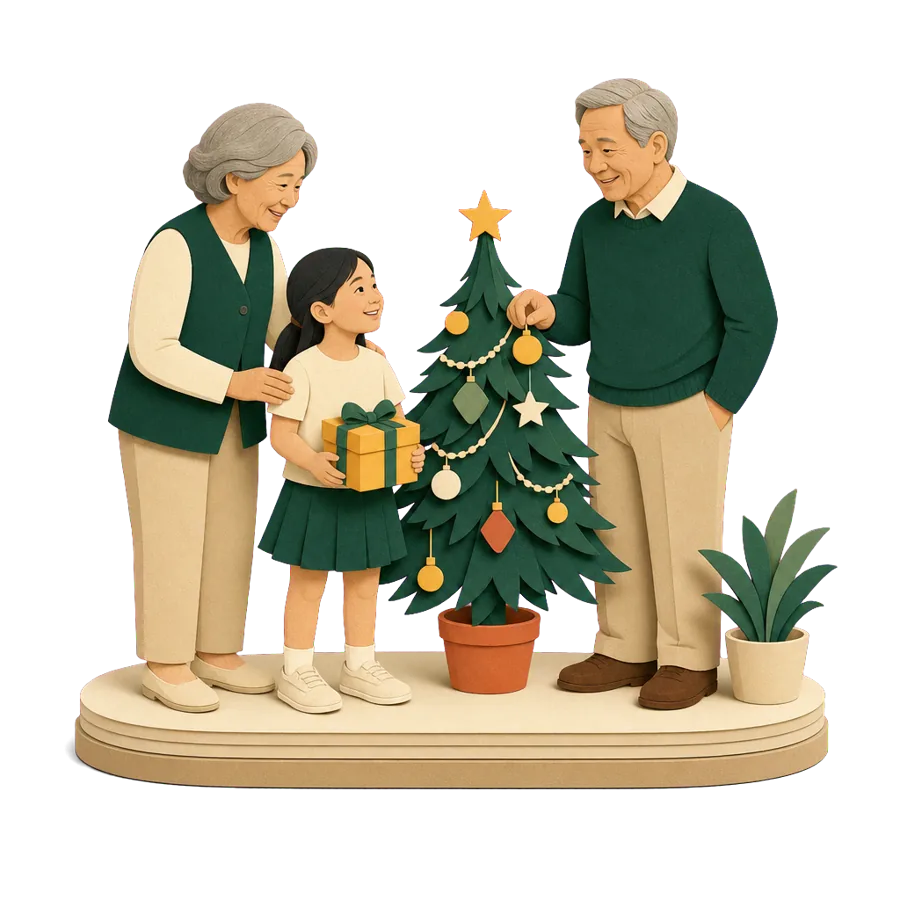 Grandparents around 70 home for Christmas with their granddaughter after a winter in Bali, retiring part time overseas