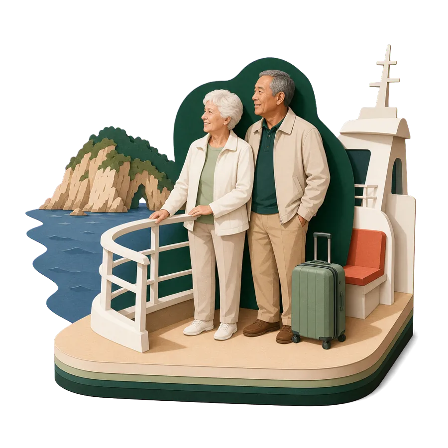 A retired couple stand at the rail of an island ferry with a suitcase, for getting to Greece and coming home