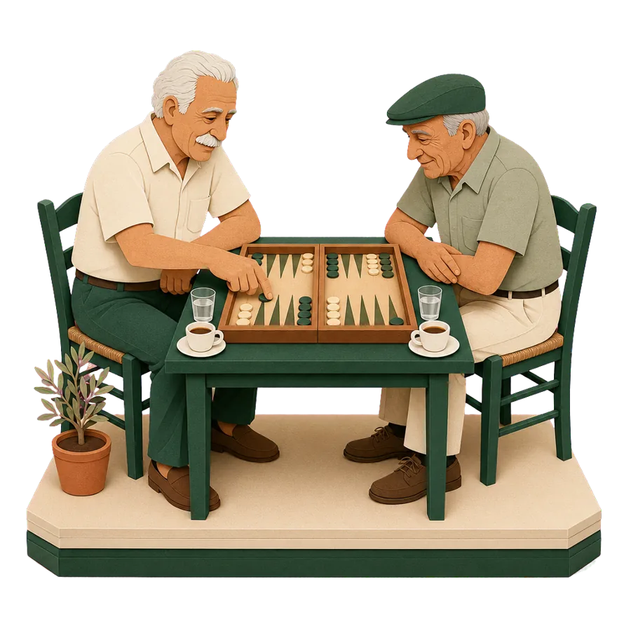 Two older men play backgammon over coffee, for who Greece suits and what to weigh up