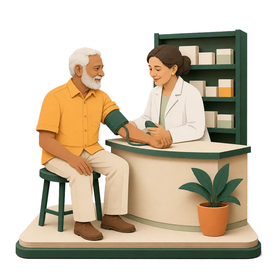 A pharmacist checks a retired man’s blood pressure, for health care and insurance in Greece