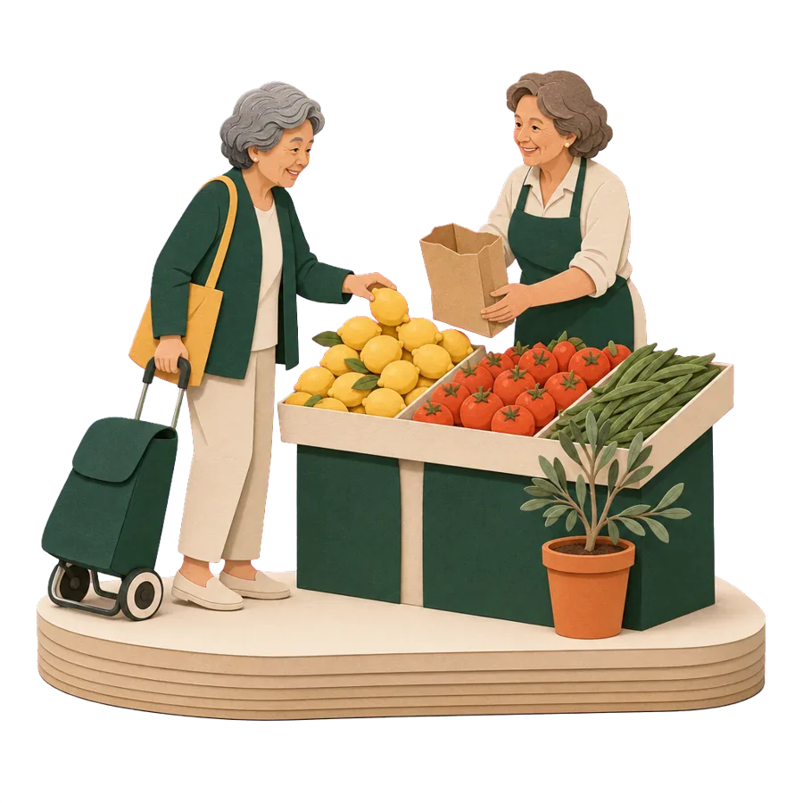 A retired woman with a wheeled trolley buys lemons at a street market, for what a month costs in Greece