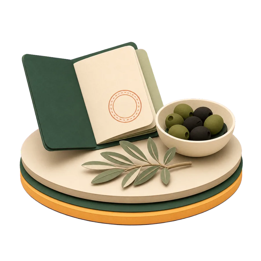 A generic passport with a blank stamp beside a bowl of olives and an olive branch, for Greek visas for Australians
