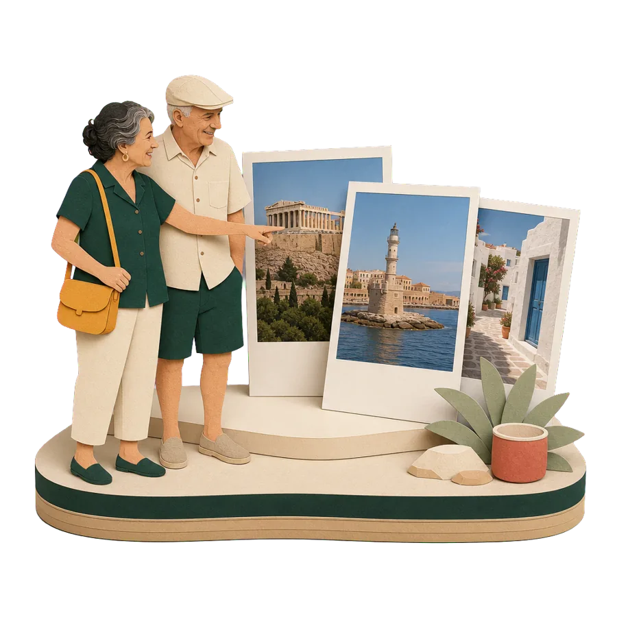 Retirees in Greece look at photos of the Acropolis in Athens, Chania harbour on Crete and a village lane