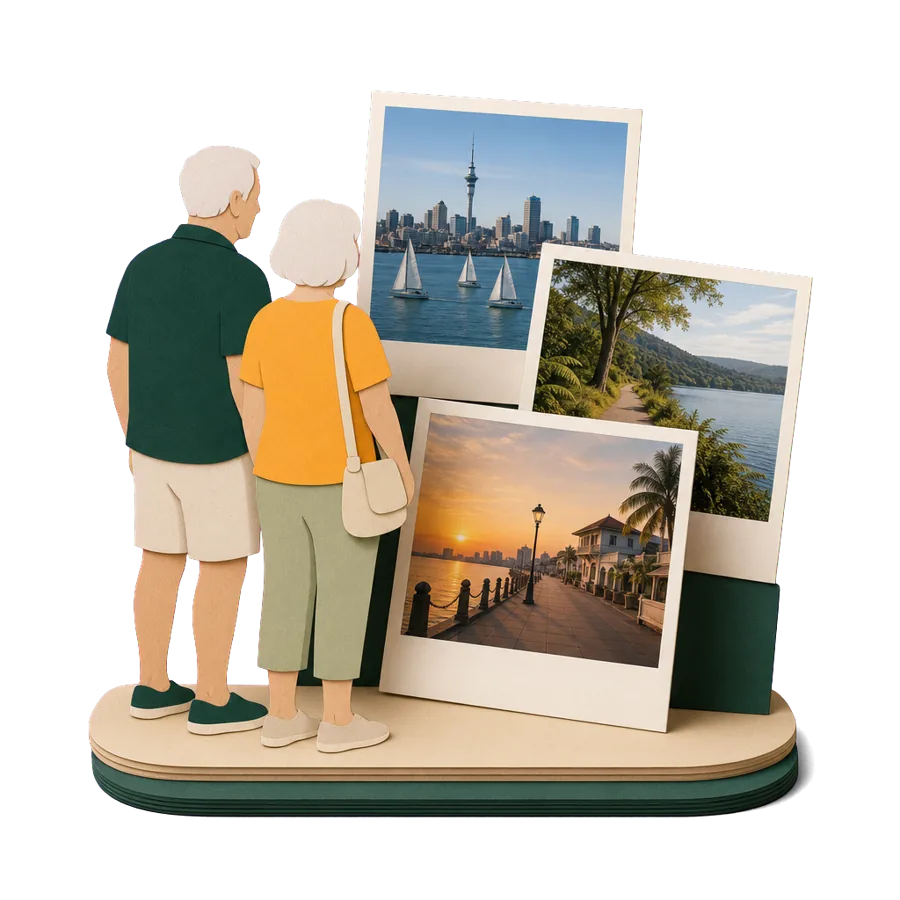 A couple in their early 70s looking at photos of New Zealand and Penang, choosing a place with a health condition