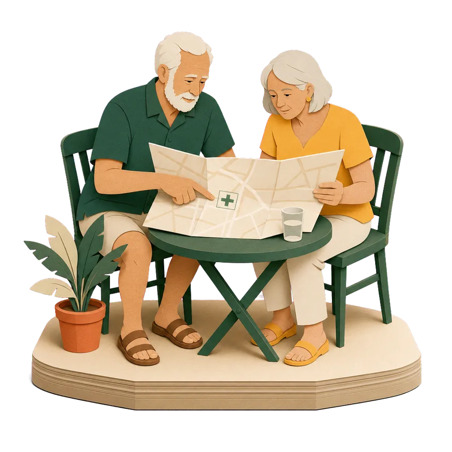 A couple in their early 70s find a clinic marked with a cross on a paper map, overseas with a health condition