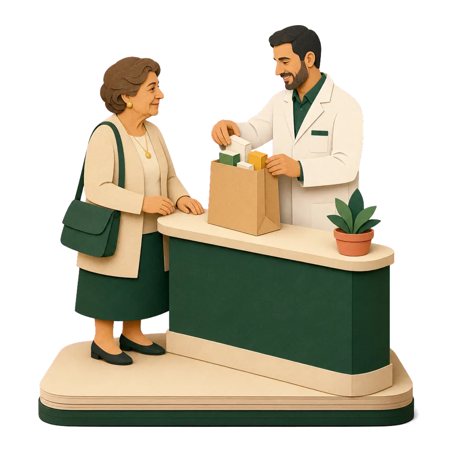 A woman in her early 70s at her local pharmacy asking about medicines for retiring overseas with a health condition