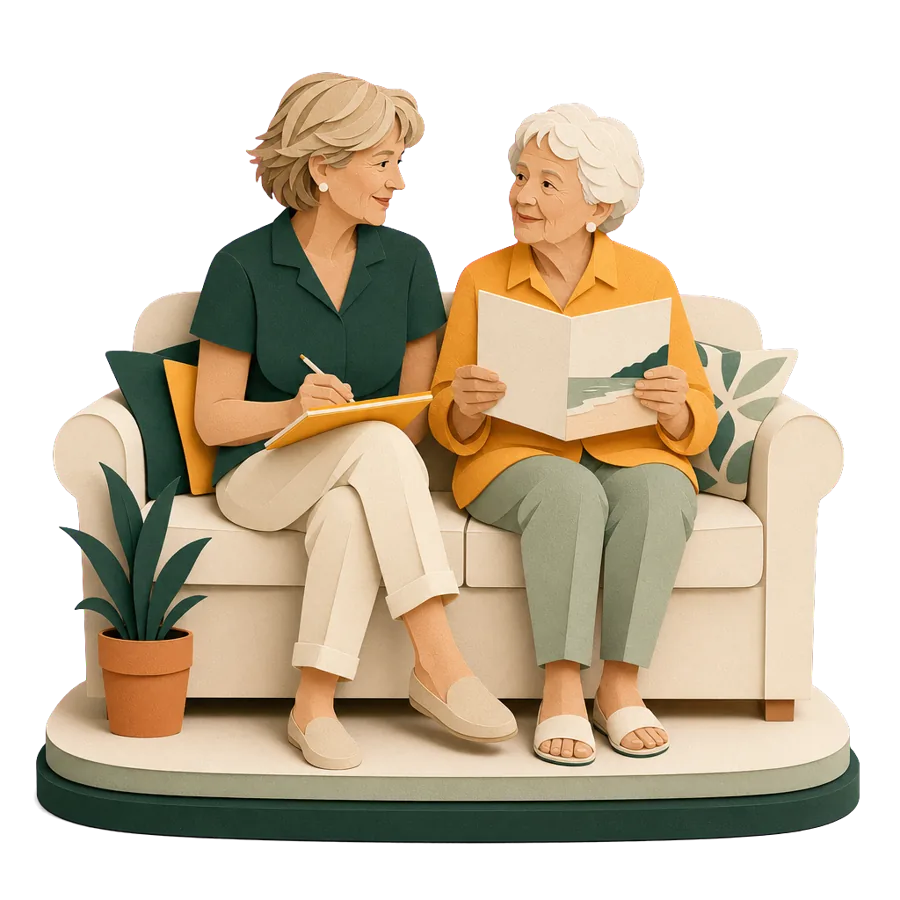A daughter and her mother in her mid 70s on a couch with a brochure, helping a parent plan a winter overseas