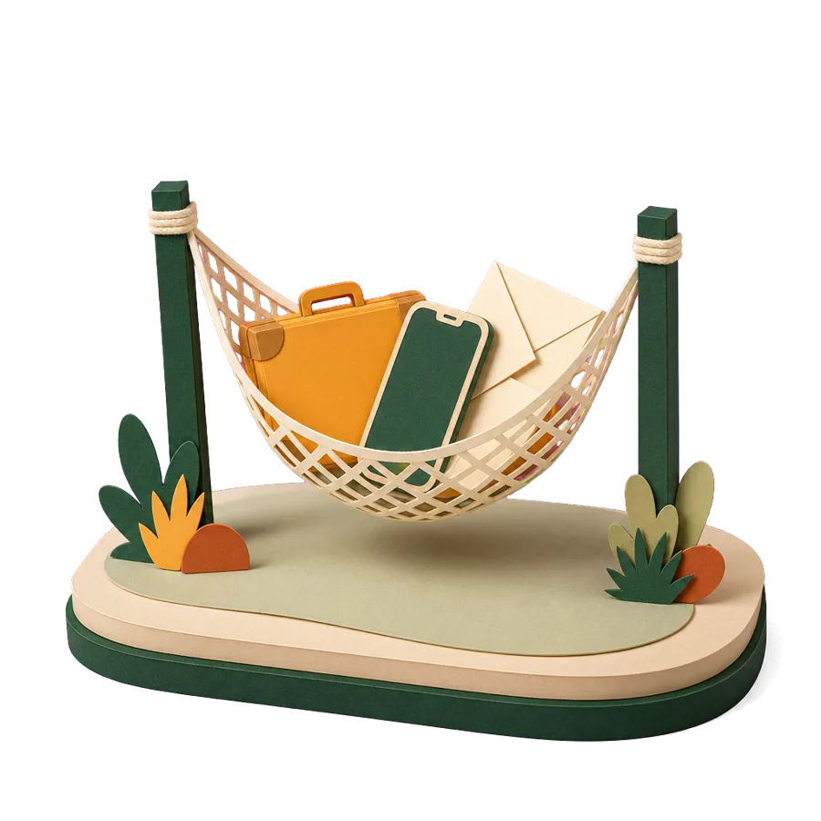 A paper safety net holding a suitcase, a phone and a letter, the backup plan when helping a parent retire overseas