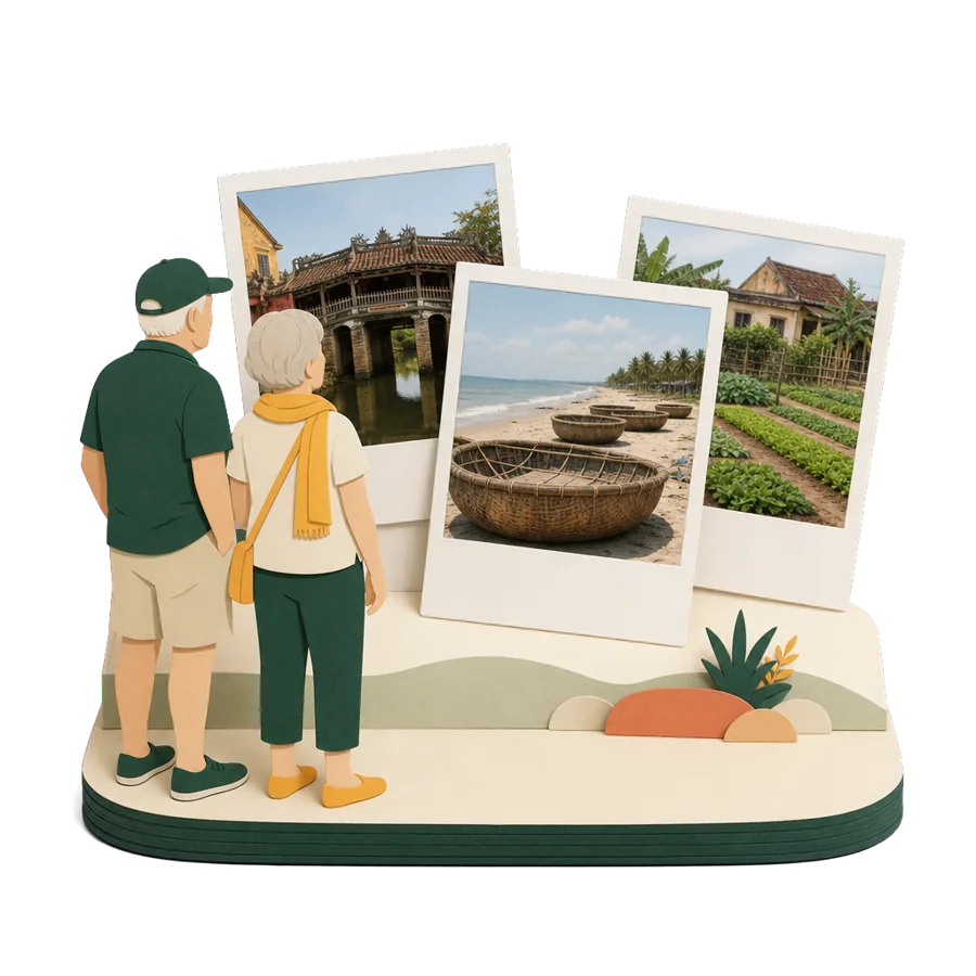 Retirees in Hoi An look at photos of the old covered bridge, basket boats on the beach and a vegetable village