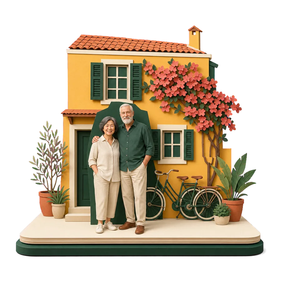 A retired couple stand in front of a small yellow house with green shutters, for where Australians live in Hoi An