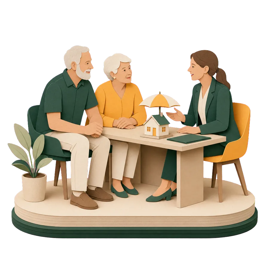 A couple around 70 asking an insurance broker about home insurance while their house is rented out or empty