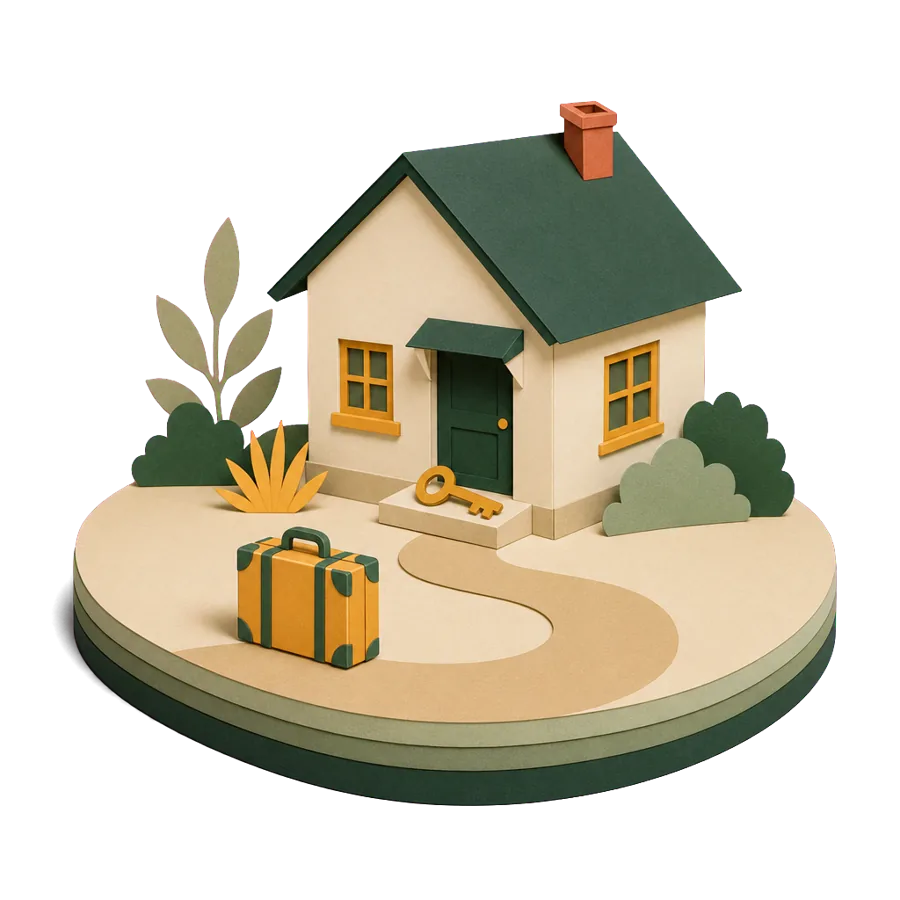 A paper path looping from a house and back to its door, homeowners thinking about coming home after time overseas
