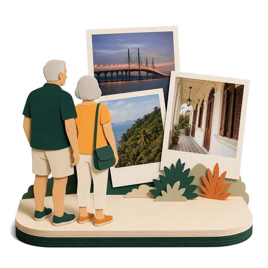 A couple around 70 looking at photos of Penang, homeowners planning a trial year overseas before deciding