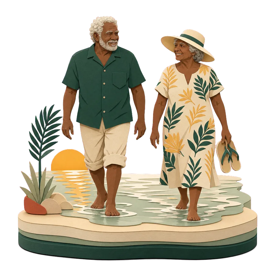 A retired couple walk barefoot in the shallows at sunrise, for who Hua Hin suits as a calm beach town