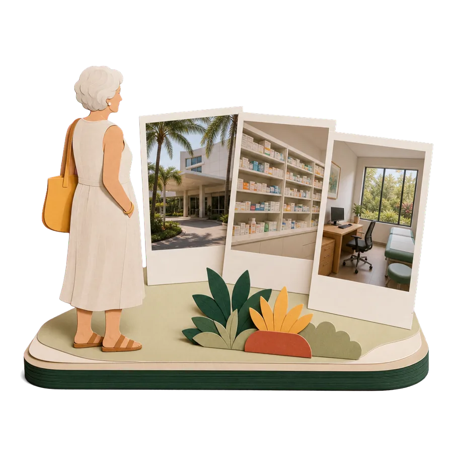 A retiree looks at photos of a private hospital in Hua Hin, a pharmacy and a consulting room, for health care there