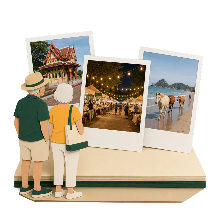 Retirees in Hua Hin look at photos of the railway station royal pavilion, the night market and horses on the beach