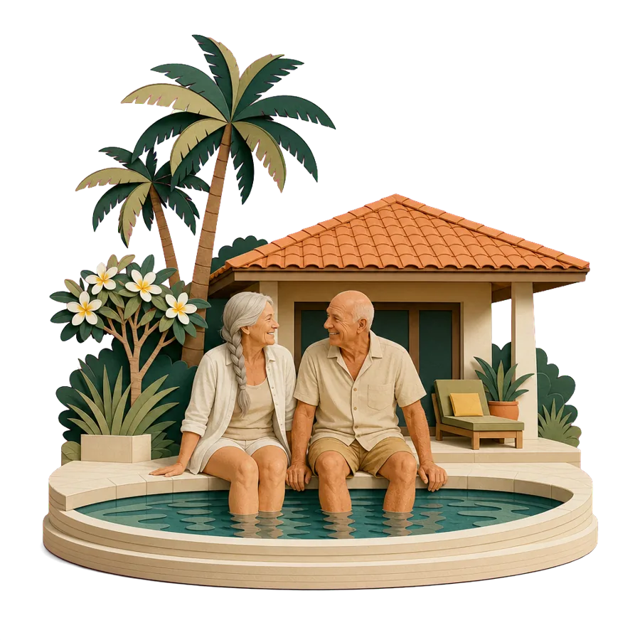 A retired couple sit with their feet in the pool of a single-storey villa, for where Australians live in Hua Hin