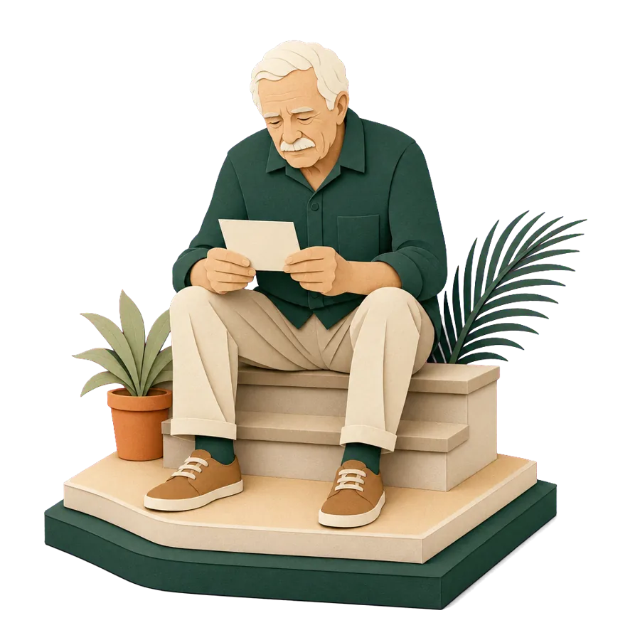 A retired man sits on a front step holding a postcard of a river, for coming home to Australia after Cambodia