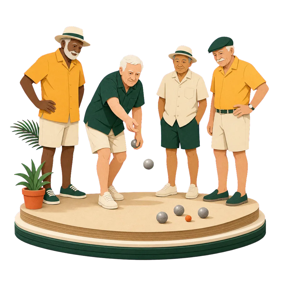 Four retired men play a friendly game of boules on sandy ground, for community and friendship in Cambodia