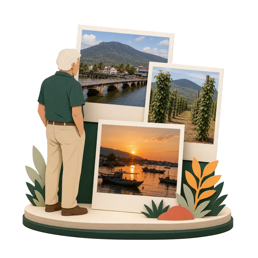 A retiree looks at photos of Kampot's old bridge, a pepper farm and the river at sunset, for retiring in Cambodia