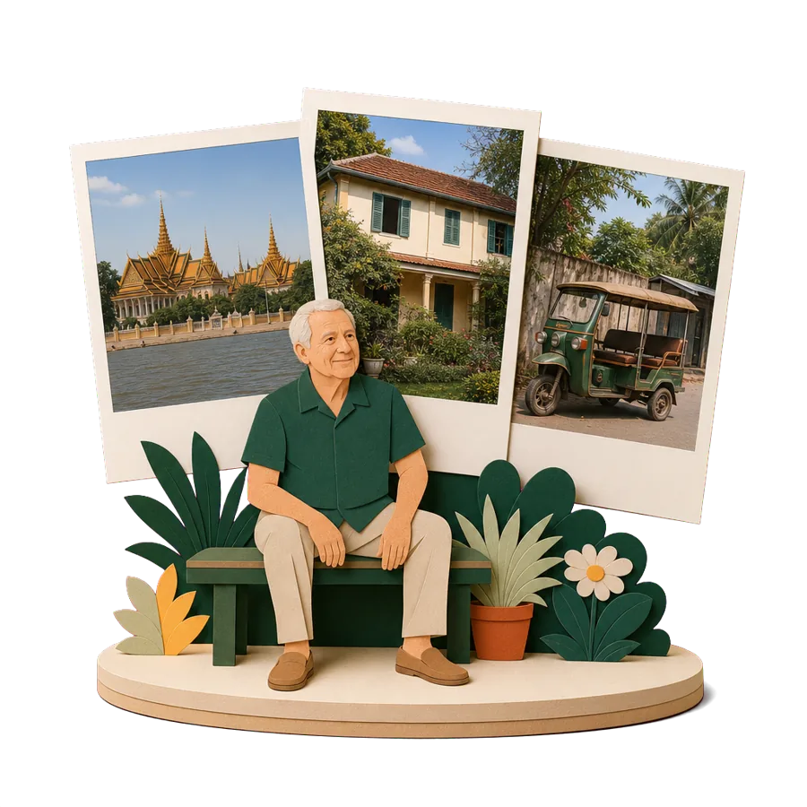 A retiree sits beside photos of the Royal Palace in Phnom Penh, a simple villa and a tuk-tuk, for costs in Cambodia
