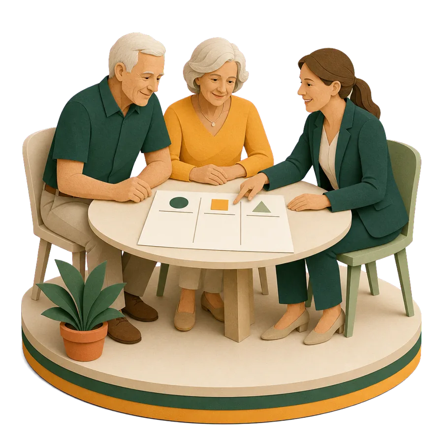 A couple in their early 70s comparing international health insurance with a broker, with questions about age