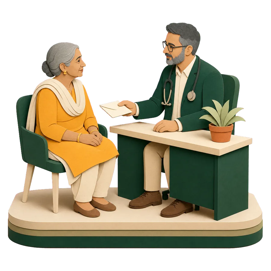 A woman in her early 70s getting a health summary from her GP before applying for international health insurance