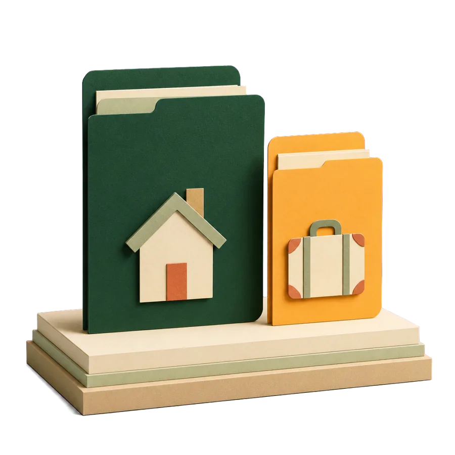A large folder with a house and a slim folder with a suitcase, how international health insurance differs from travel