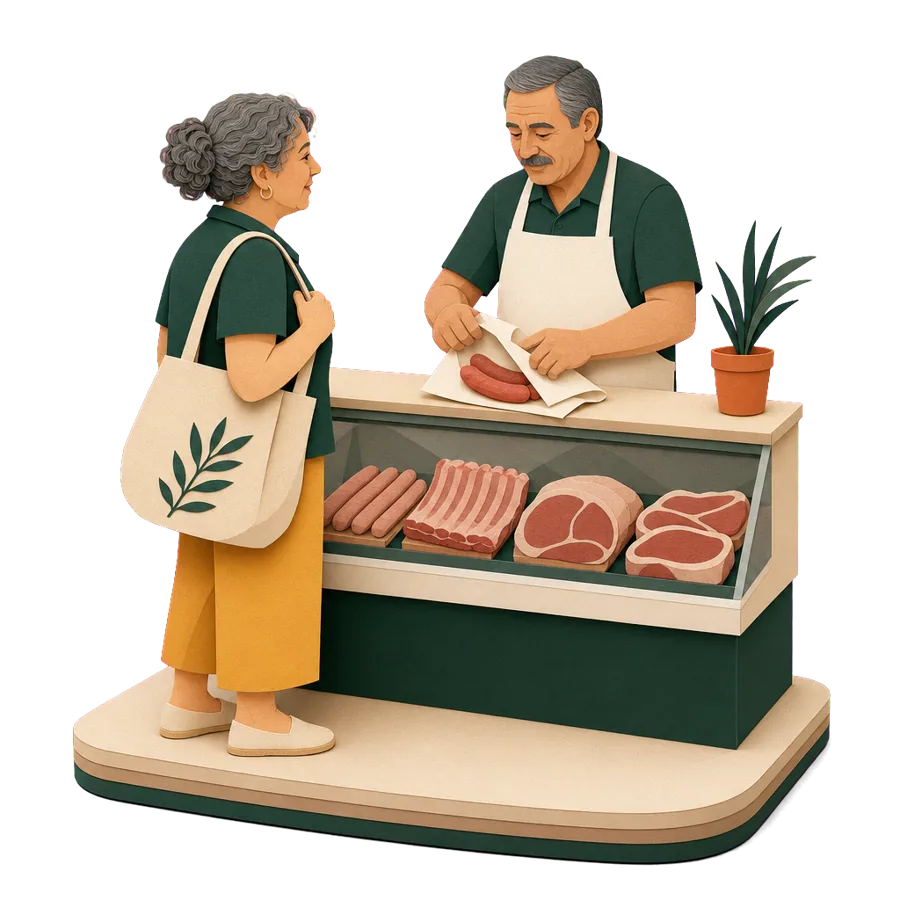 A retired woman buys sausages from the butcher, for what a month costs in Ireland