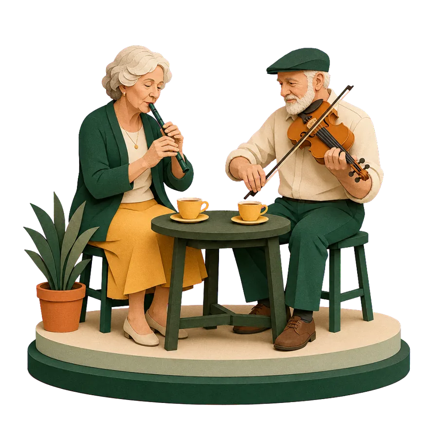 A retired woman plays a tin whistle beside a local fiddler, for who Ireland suits and what to weigh up