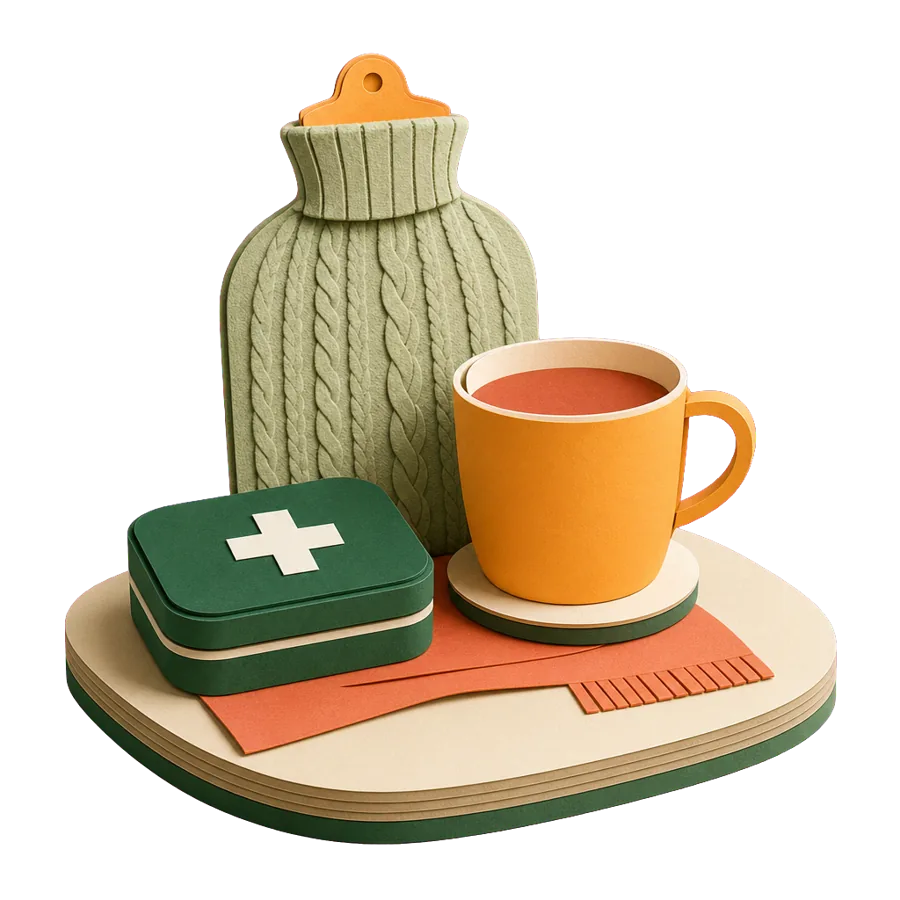 A hot water bottle, a mug of tea and a first-aid tin, for health care and insurance in Ireland