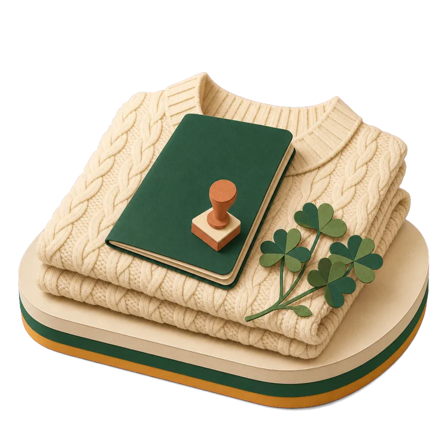 A generic passport with a blank stamp on a cable-knit jumper with shamrock, for Ireland visas