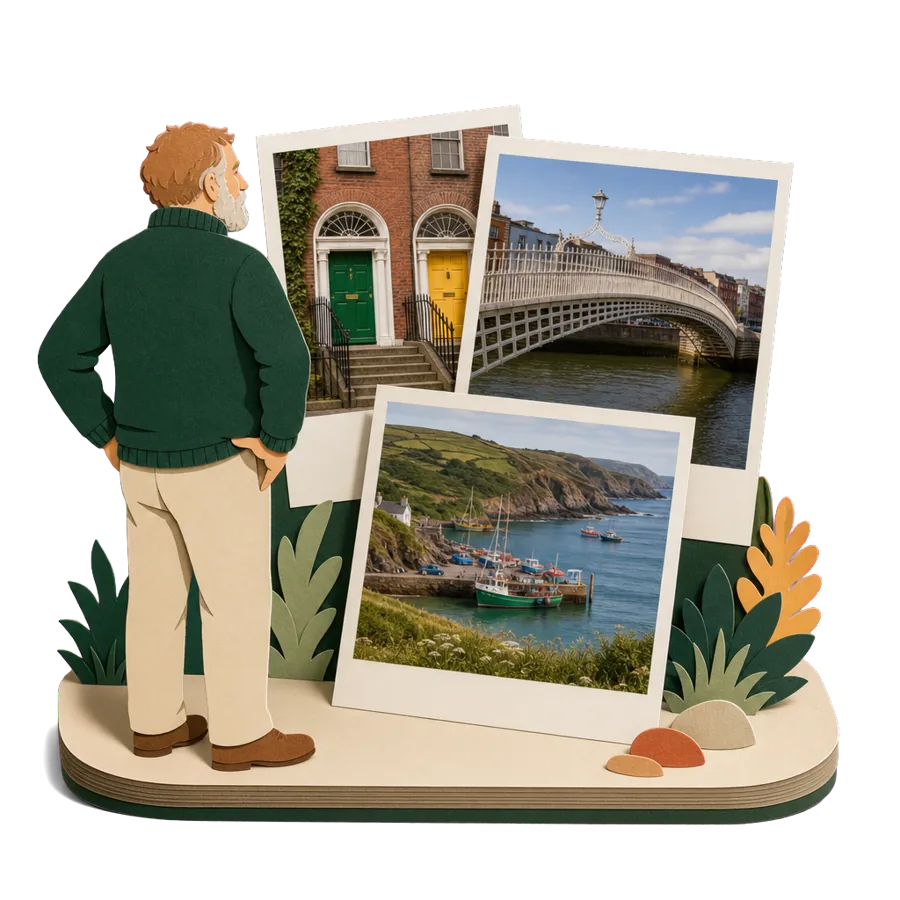 A retiree in Ireland looks at photos of Dublin's Georgian doors, the Ha'penny Bridge and a West Cork harbour