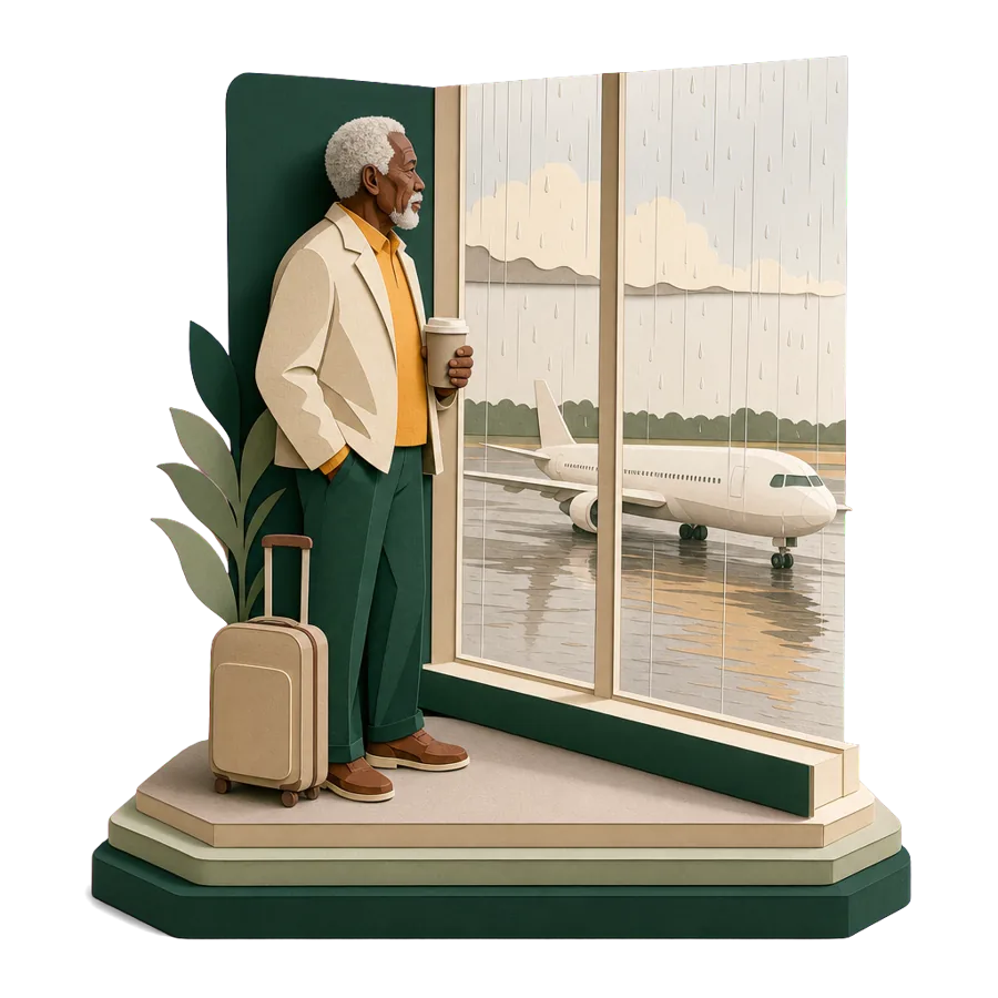 A retired man with a cup of tea watches a plane through a rainy airport window, for getting to Ireland