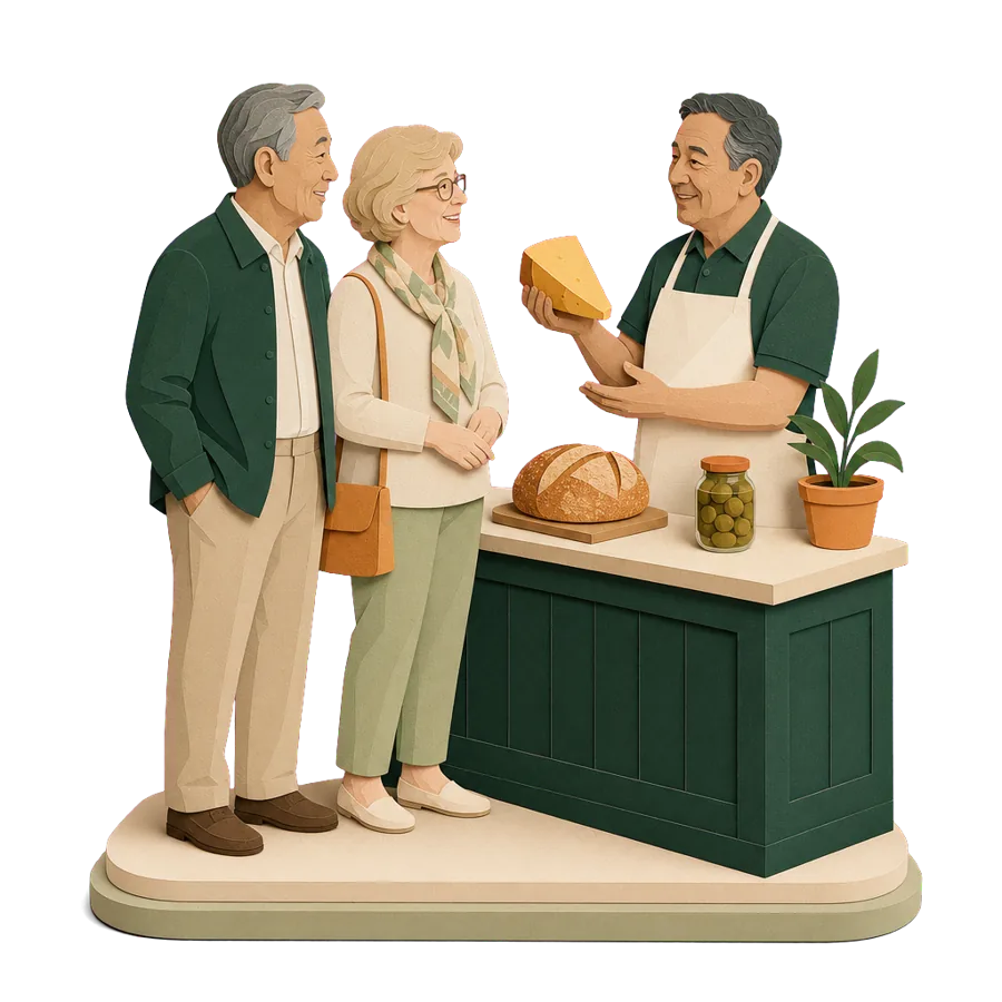 A retired couple buy cheese at a small delicatessen counter, for what a month costs in Italy