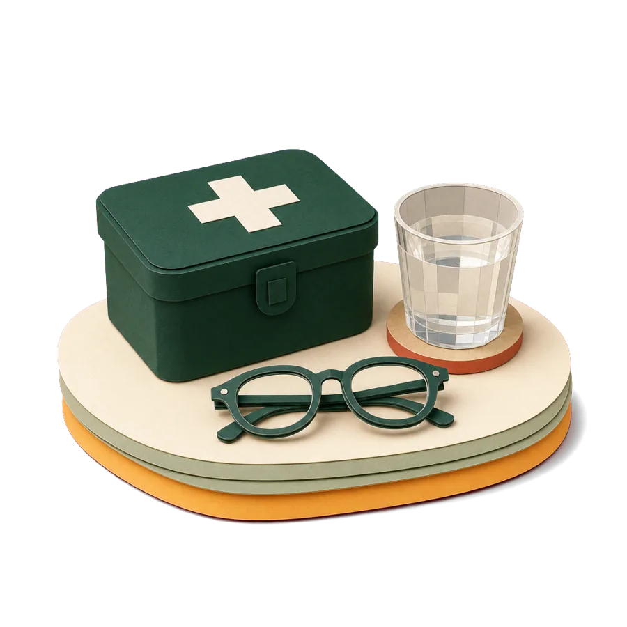 A first-aid box with a plain plus, reading glasses and a glass of water, for health care in Italy