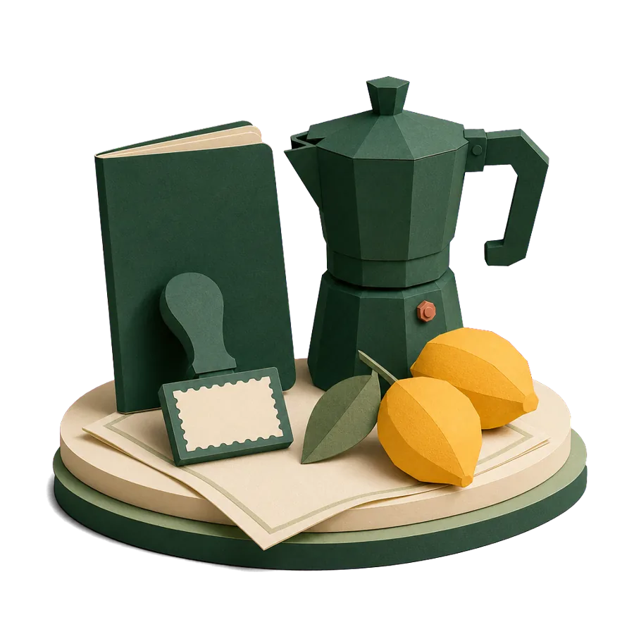 A generic passport with a blank stamp, a stovetop coffee pot and lemons, for Italian visas for Australians