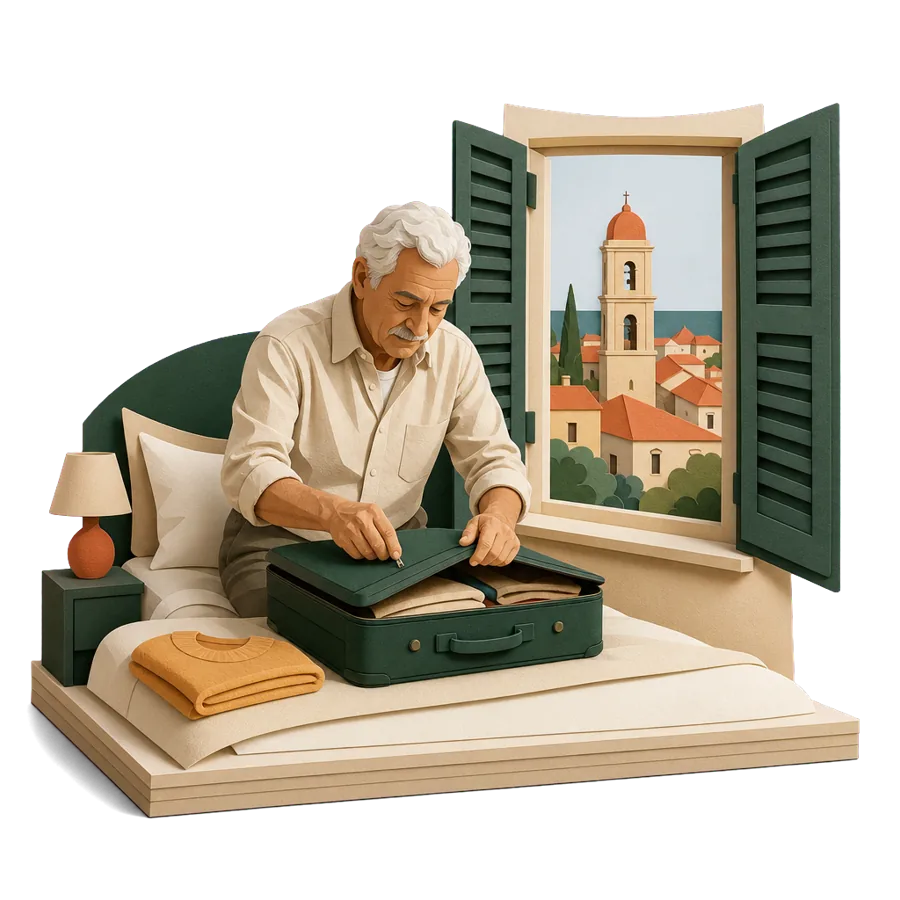 A retired man packs a suitcase by a shuttered window over rooftops, for getting to Italy and coming home