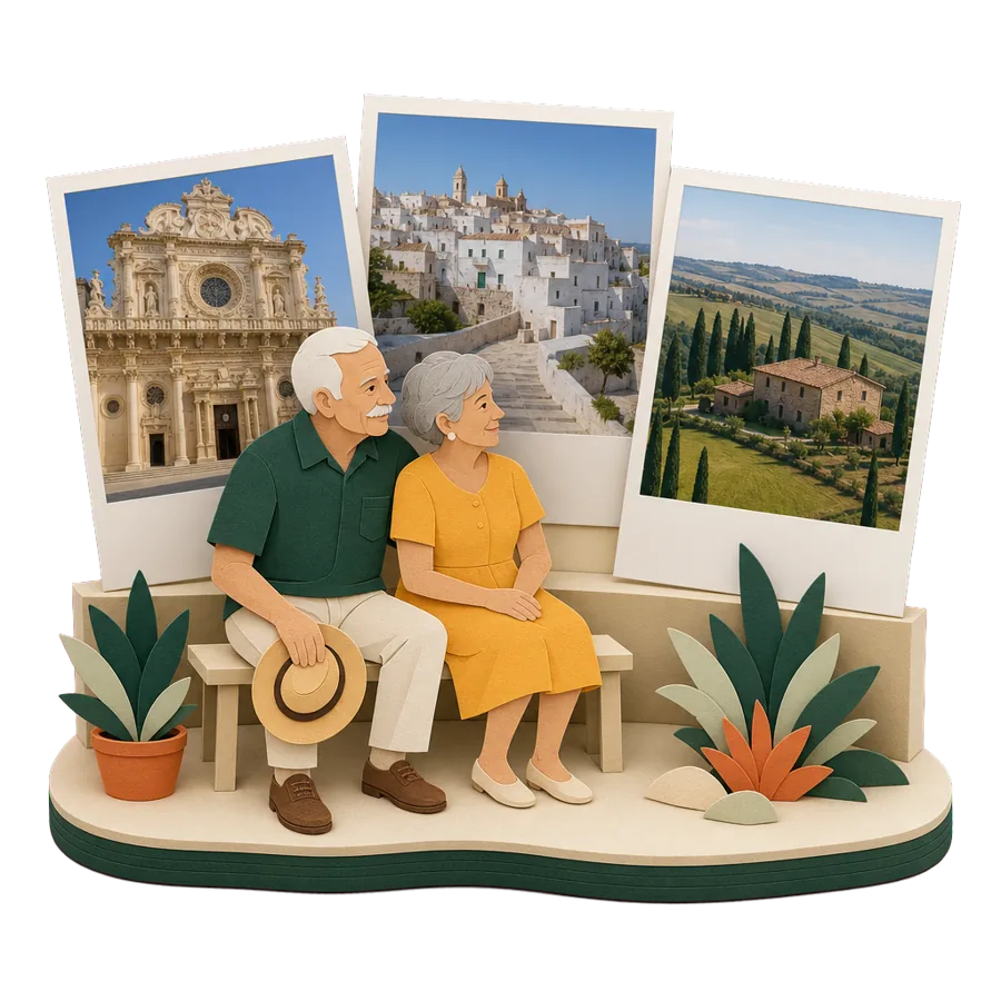 Retirees in Italy look at photos of Lecce's baroque church, a Puglia hill town and cypress trees in Tuscany