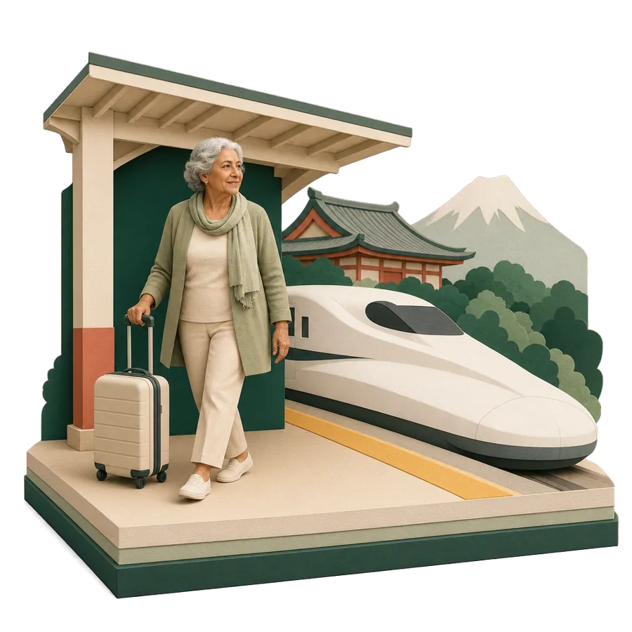 A retired woman wheels a suitcase beside a white bullet train, for getting to Japan and coming home